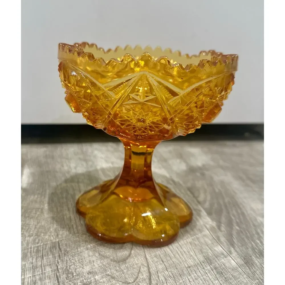 Vintage Kemple Amber Glass Pedestal Candy Dish w/ Glass Inclusion‎ on base